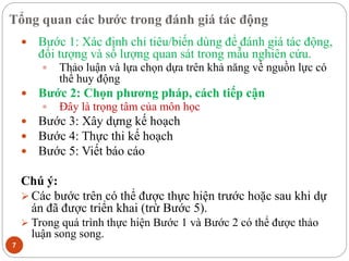 Tổng quan các bước trong đánh giá tác động
7
 Bước 1: Xác định chỉ tiêu/biến dùng để đánh giá tác động,
đối tượng và số lượng quan sát trong mẫu nghiên cứu.
 Thảo luận và lựa chọn dựa trên khả năng về nguồn lực có
thể huy động
 Bước 2: Chọn phương pháp, cách tiếp cận
 Đây là trọng tâm của môn học
 Bước 3: Xây dựng kế hoạch
 Bước 4: Thực thi kế hoạch
 Bước 5: Viết báo cáo
Chú ý:
 Các bước trên có thể được thực hiện trước hoặc sau khi dự
án đã được triển khai (trừ Bước 5).
 Trong quá trình thực hiện Bước 1 và Bước 2 có thể được thảo
luận song song.
 