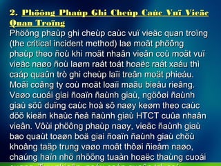 2.2. Phöông Phaùp Ghi Cheùp Caùc Vuï VieäcPhöông Phaùp Ghi Cheùp Caùc Vuï Vieäc
Quan TroïngQuan Troïng
Phöông phaùp ghi cheùp caùc vuï vieäc quan troïngPhöông phaùp ghi cheùp caùc vuï vieäc quan troïng
(the critical incident method) laø moät phöông(the critical incident method) laø moät phöông
phaùp theo ñoù khi moät nhaân vieân coù moät vuïphaùp theo ñoù khi moät nhaân vieân coù moät vuï
vieäc naøo ñoù laøm raát toát hoaëc raát xaáu thìvieäc naøo ñoù laøm raát toát hoaëc raát xaáu thì
caáp quaûn trò ghi cheùp laïi treân moät phieáu.caáp quaûn trò ghi cheùp laïi treân moät phieáu.
Moãi coâng ty coù moät loaïi maãu bieåu rieâng.Moãi coâng ty coù moät loaïi maãu bieåu rieâng.
Vaøo cuoái giai ñoaïn ñaùnh giaù, ngöôøi ñaùnhVaøo cuoái giai ñoaïn ñaùnh giaù, ngöôøi ñaùnh
giaù söû duïng caùc hoà sô naøy keøm theo caùcgiaù söû duïng caùc hoà sô naøy keøm theo caùc
döõ kieän khaùc ñeå ñaùnh giaù HTCT cuûa nhaândöõ kieän khaùc ñeå ñaùnh giaù HTCT cuûa nhaân
vieân. Vôùi phöông phaùp naøy, vieäc ñaùnh giaùvieân. Vôùi phöông phaùp naøy, vieäc ñaùnh giaù
bao quaùt toaøn boä giai ñoaïn ñaùnh giaù chöùbao quaùt toaøn boä giai ñoaïn ñaùnh giaù chöù
khoâng taäp trung vaøo moät thôøi ñieåm naøo,khoâng taäp trung vaøo moät thôøi ñieåm naøo,
chaúng haïn nhö nhöõng tuaàn hoaëc thaùng cuoáichaúng haïn nhö nhöõng tuaàn hoaëc thaùng cuoái
 
