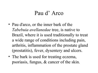 Pau d’ Arco
• Pau d'arco, or the inner bark of the
Tabebuia avellanedae tree, is native to
Brazil, where it is used traditionally to treat
a wide range of conditions including pain,
arthritis, inflammation of the prostate gland
(prostatitis), fever, dysentery and ulcers.
• The bark is used for treating eczema,
psoriasis, fungus, & cancer of the skin.
 