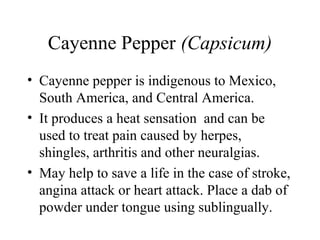 Cayenne Pepper (Capsicum)
• Cayenne pepper is indigenous to Mexico,
South America, and Central America.
• It produces a heat sensation and can be
used to treat pain caused by herpes,
shingles, arthritis and other neuralgias.
• May help to save a life in the case of stroke,
angina attack or heart attack. Place a dab of
powder under tongue using sublingually.
 
