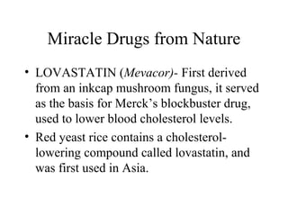 Miracle Drugs from Nature
• LOVASTATIN (Mevacor)- First derived
from an inkcap mushroom fungus, it served
as the basis for Merck’s blockbuster drug,
used to lower blood cholesterol levels.
• Red yeast rice contains a cholesterol-
lowering compound called lovastatin, and
was first used in Asia.
 