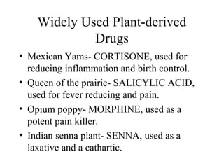 Widely Used Plant-derived
Drugs
• Mexican Yams- CORTISONE, used for
reducing inflammation and birth control.
• Queen of the prairie- SALICYLIC ACID,
used for fever reducing and pain.
• Opium poppy- MORPHINE, used as a
potent pain killer.
• Indian senna plant- SENNA, used as a
laxative and a cathartic.
 