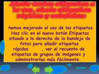 Añade varias etiquetas a la vez, añade etiquetas rápidas y cuéntalas:hemos mejorado el uso de las etiquetas. Haz clic en el nuevo botón Etiquetas situado a la derecha de la bandeja de fotos para añadir etiquetas rápidas       , ver el recuento de etiquetas de grupos de imágenes y administrarlas más fácilmente. 