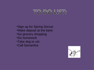 Sign up for Spring Soccer Make deposit at the bank Go grocery shopping Do homework Take dog to vet Call Samantha