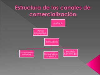 producto
Planta
procesadora
distribuidores
Consumidores
minoristas Consumidores
mayoristas
Empresas
tranformador
 