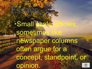 Small scale articles,
sometimes like
newspaper columns
often argue for a
concept, standpoint, or
opinion.
 