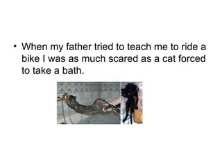 When my father tried to teach me to ride a bike I was as much scared as a cat forced to take a bath. 