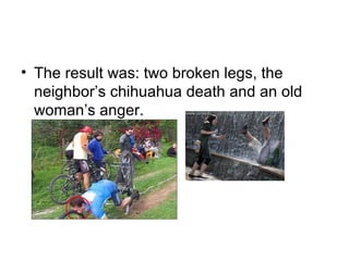The result was: two broken legs, the neighbor’s chihuahua death and an old woman’s anger. 