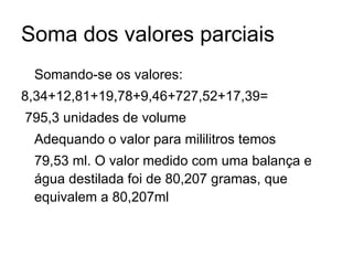 Soma dos valores parciais Somando-se os valores: 8,34+12,81+19,78+9,46+727,52+17,39= 795,3 unidades de volume Adequando o valor para mililitros temos 79,53 ml. O valor medido com uma balança e água destilada foi de 80,207 gramas, que equivalem a 80,207ml 