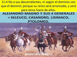 11:4 No a sus descendientes, ni según el dominio con
que él dominó; porque su reino será arrancado, y será
              para otros fuera de ellos.
 
