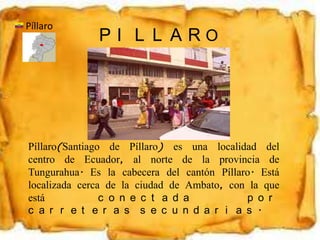 P I L L A R O
Píllaro
Píllaro(Santiago de Píllaro) es una localidad del
centro de Ecuador, al norte de la provincia de
Tungurahua. Es la cabecera del cantón Píllaro. Está
localizada cerca de la ciudad de Ambato, con la que
está c o n e c t a d a p o r
c a r r e t e r a s s e c u n d a r i a s .
 