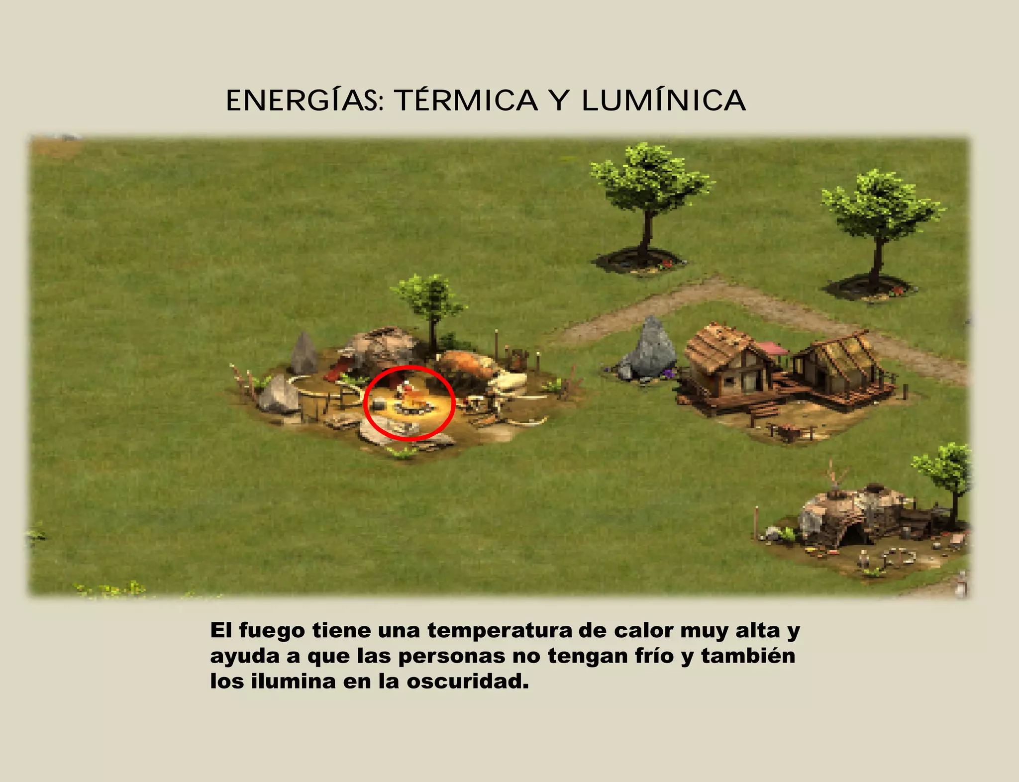 ENERGÍAS: TÉRMICA Y LUMÍNICA
El fuego tiene una temperatura de calor muy alta y
ayuda a que las personas no tengan frío y también
los ilumina en la oscuridad.
