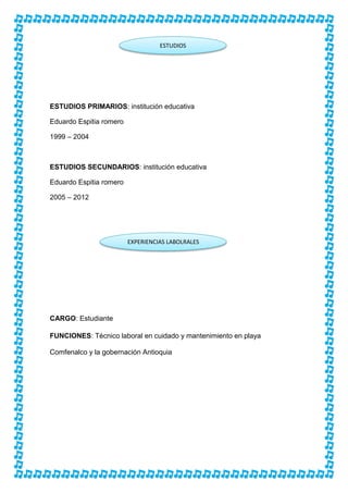 ESTUDIOS PRIMARIOS: institución educativa
Eduardo Espitia romero
1999 – 2004
ESTUDIOS SECUNDARIOS: institución educativa
Eduardo Espitia romero
2005 – 2012
CARGO: Estudiante
FUNCIONES: Técnico laboral en cuidado y mantenimiento en playa
Comfenalco y la gobernación Antioquia
ESTUDIOS
EXPERIENCIAS LABOLRALES
