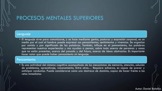 PROCESOS MENTALES SUPERIORES
Lenguaje
• El lenguaje sirve para comunicarse, y se hace mediante gestos, posturas y expresión corporal, es un
medio por el cual el hombre puede expresar sus pensamientos, sentimientos y vivencias. Se organiza
por sonido y por significado de las palabras. También, influye en el pensamiento, las palabras
representan nuestras experiencias y nos ayudan a pensar, sobre todo acerca de personas y cosas
que no están presentes, acerca del pasado y del futuro, acerca de ideas abstractas. Es importante
hacer notar que puede haber pensamiento sin lenguaje.
Pensamiento
• Es una actividad del sistema cognitivo acompañado de los mecanismos de memoria, atención, solución
de problemas, aprendizaje, razonamiento, Entre otros… Requiere esfuerzo, es capaz de prever y
anticipar conductas. Puede considerarse como una destreza de dominio, capaz de hacer frente a los
retos inmediatos
Autor: Daniel Bolaños
 