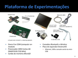    Overo Fire COM (computer on-      Conexões Bluetooth e Wireless
    module)                           Placa de expansão Chestnut43
   Processador ARM Cortex-A8             Ethernet, USB e console serial via mini-
    OMAP3530 (720 MHz)                     USB
   Cartão de memória MicroSD
                                                                                      13
 