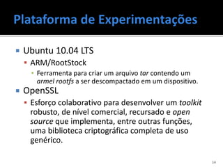    Ubuntu 10.04 LTS
     ARM/RootStock
      ▪ Ferramenta para criar um arquivo tar contendo um
        armel rootfs a ser descompactado em um dispositivo.
   OpenSSL
     Esforço colaborativo para desenvolver um toolkit
      robusto, de nível comercial, recursado e open
      source que implementa, entre outras funções,
      uma biblioteca criptográfica completa de uso
      genérico.

                                                              14
 
