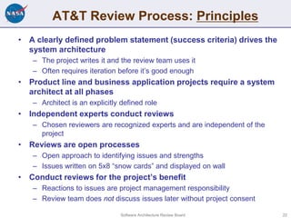AT&T Review Process: Principles
• A clearly defined problem statement (success criteria) drives the
  system architecture
...