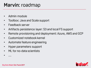 Marvin: roadmap
• Admin module
• Toolbox: Java and Scala support
• Feedback server
• Artifacts persistence layer: S3 and local FS support
• Remote provisioning and deployment: Azure, AWS and GCP
• Customized notebook kernel
• Automate feature engineering
• Hyper parameters support
• ML for no-data scientists
• …
 