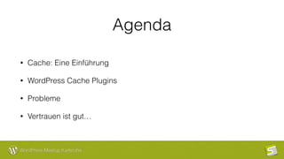 WordPress Meetup Karlsruhe
Agenda
• Cache: Eine Einführung
• WordPress Cache Plugins
• Probleme
• Vertrauen ist gut…
 