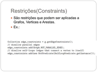 Restrições(Constraints)
 São restrições que podem ser aplicadas a
Grafos, Vertices e Arestas.
 Ex.:
 