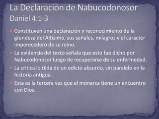Los resultados del plan de Nabucodonosor. Todos adoraron, excepto los tres jóvenes hebreos.La excepción.Los jóvenes desobedecieron la orden real.La acusación.La intimidación.La respuesta.La sentencia.El milagro.La confesión. El Paganismo Imperial