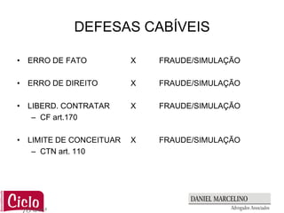 DEFESAS CABÍVEIS

• ERRO DE FATO           X   FRAUDE/SIMULAÇÃO

• ERRO DE DIREITO        X   FRAUDE/SIMULAÇÃO

• LIBERD. CONTRATAR      X   FRAUDE/SIMULAÇÃO
   – CF art.170

• LIMITE DE CONCEITUAR   X   FRAUDE/SIMULAÇÃO
   – CTN art. 110
 