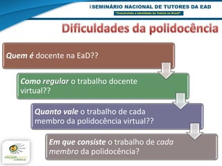 Quem é docente na EaD??

   Como regular o trabalho docente
   virtual??

       Quanto vale o trabalho de cada
       membro da polidocência virtual??

          Em que consiste o trabalho de cada
          membro da polidocência?
 