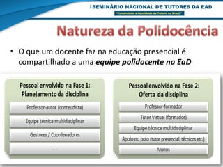 • O que um docente faz na educação presencial é
  compartilhado a uma equipe polidocente na EaD
 