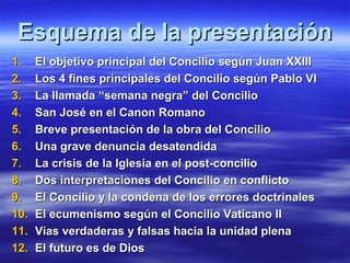 Esquema de la presentaciónEsquema de la presentación
1.1. El objetivo principal del Concilio según Juan XXIIIEl objetivo principal del Concilio según Juan XXIII
2.2. Los 4 fines principales del Concilio según Pablo VILos 4 fines principales del Concilio según Pablo VI
3.3. La llamada “semana negra” del ConcilioLa llamada “semana negra” del Concilio
4.4. San José en el Canon RomanoSan José en el Canon Romano
5.5. Breve presentación de la obra del ConcilioBreve presentación de la obra del Concilio
6.6. Una grave denuncia desatendidaUna grave denuncia desatendida
7.7. La crisis de la Iglesia en el post-concilioLa crisis de la Iglesia en el post-concilio
8.8. Dos interpretaciones del Concilio en conflictoDos interpretaciones del Concilio en conflicto
9.9. El Concilio y la condena de los errores doctrinalesEl Concilio y la condena de los errores doctrinales
10.10. El ecumenismo según el Concilio Vaticano IIEl ecumenismo según el Concilio Vaticano II
11.11. Vías verdaderas y falsas hacia la unidad plenaVías verdaderas y falsas hacia la unidad plena
12.12. El futuro es de DiosEl futuro es de Dios
 