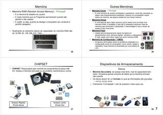 25
Memória
• Memória RAM (Random Access Memory) – Principal!
– É a memória de trabalho do usuário.
– É nesta memória que os Programas permanecem quando são
abertos e são usados.
– É volátil, ou seja, quando se desliga o computador seu conteúdo é
perdido (apagado).
• Atualmente os tamanhos típicos de capacidade de memória RAM são
de: 32 MB, 64, 128, 256, 512, 1024.....
26
Outras Memórias
• Memória Cache – Principal!
– É uma memória de acesso privilegiado e rapidíssimo, onde são colocados os
dados mais freqüentemente acessados. Quando um processador requer
dados da memória, ele espera recebê-los num tempo máximo.
• Memória Virtual
– É uma área de disco rígido (arquivo) que é usada como se fosse uma
memória RAM. A vantagem é que não é necessário adicionar chips de
memória para aumentar a capacidade. A desvantagem é que o tempo de
acesso é bem mais lento.
• Memória Flash
– Usada para armazenamento rápido de dados em
equipamentos como câmeras digitais, celulares e videogames.
É mais usada como disco rígido que como memória RAM.
• Memória de Configuração – CMOS.
– Armazena informações sobre os periféricos instalados e a
configuração inicial do computador, como: senha, relógio e
calendário. Essa memória é alimentada por uma bateria de
Lítio.
27
CHIPSET
• CHIPSET: Responsável pelo controle de componentes da placa-mãe
EX: Acesso a memória (principal ou secundária), barramentos e outros.
Acesso Rápido
Ponte Norte
Acesso Lento
Ponte Sul
28
Dispositivos de Armazenamento
Discos
• Memória Secundária: de acesso mais lento, mas de capacidade bem
maior. Armazena grande conjunto de dados que a memória principal
não suporta.
• Os discos devem ter um formato no qual as informações são gravadas.
– FAT16; FAT32; NTFS
• Chamamos “Formatação” o ato de preparar o disco para uso.
7
 