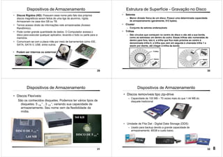 29
• Discos Rígidos (HD): Possuem esse nome pelo fato dos próprios
discos magnéticos serem feitos de uma liga de alumínio, rígida.
Armazenam na casa dos GB ou TB.
• Temos acesso direto às informações nele armazenadas (Acesso
Randômico).
• Pode conter grande quantidade de dados. O Computador acessa o
disco para executar qualquer aplicativo, levando-o todo ou parte para a
memória.
• Comunicam-se com a placa mãe por meio de barramentos como IDE,
SATA, SATA II, USB, entre outros.
Dispositivos de Armazenamento
• Podem ser internos ou externos!
30
• Setores
– Menor divisão física de um disco. Possui uma determinada capacidade
de armazenamento (geralmente, 512 bytes).
• Cluster
– Conjunto de setores endereçáveis
• Trilhas
– São círculos que começam no centro do disco e vão até a sua borda,
como se estivesse um dentro do outro. Essas trilhas são numeradas de
dentro para fora, isto é, a trilha que fica mais próxima ao centro é
denominada trilha 0, a trilha que vem em seguida é chamada trilha 1 e
assim por diante, até chegar à trilha da borda.
Estrutura de Superfície - Gravação no Disco
31
Dispositivos de Armazenamento
• Discos Flexíveis:
São os conhecidos disquetes. Podemos ter vários tipos de
disquetes: 5 1/4 “ , 3 1/2 “, variando sua capacidade de
armazenamento. Seu nome vem da flexibilidade da
mídia.
DISCO DE 3 1/2 “
DISCO DE 5 1/4 “
1,44 MB
360 KB
32
Dispositivos de Armazenamento
• Discos removíveis tipo zip-drive
– Capacidade de 100 MB – 70 vezes mais do que 1.44 MB do
disquete tradicional
• Unidade de Fita Dat - Digital Data Storage (DDS)
– Usado para backup devido a grande capacidade de
armazenamento: 80GB e custo baixo.
8
 