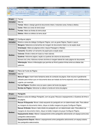 Grupo: Temas
Iniciador: Não há
Botões:
Temas: Altera o design geral do documento inteiro. Incluindo cores, fontes e efeitos.
Cores: Altera as cores do tema atual
Fontes: Altera as fontes do tema atual
Efeitos: Altera os efeitos do tema atual
Grupo: Configurar página
Iniciador: Mostra a caixa de diálogo Configurar Página, com as guias Página, Papel e Layout.
Botões:
Margens: Seleciona os tamanhos de margem do documento inteiro ou da seção atual.
Orientação: Altera as páginas entre o layout Paisagem e Retrato.
Tamanho: Escolher um tamanho de papel para a seção atual.
Colunas: Divide o texto em duas ou mais colunas.
Quebras: Adicionar página, seção ou quebras de coluna ao documento.
Número de Linha: Adiciona número de linha à margem lateral de cada página do documento.
Hifenização: Ativar a hifenização que permite ao Word quebrar linhas entre as sílabas das
palavras.
Grupo: Plano de Fundo da Página
Iniciador: Não há
Botões:
Marca D´água: Inserir texto fantasma atrás do conteúdo da página. Este recurso é geralmente
utilizado para indicar que um documento deve ser tratado de forma especial, como confidencial ou
urgente, por exemplo.
Cor da Página: Escolher uma cor para o plano de fundo da página
Bordas de Página: Adicionar ou alterar a borda em torna da página
Grupo: Parágrafo
Iniciador:
Mostra a caixa de diálogo Parágrafo, com as guias: Recuos e espaçamento; e Quebras de linha e
de página.
Botões:
Recuar À Esquerda: Mover o lado esquerdo do parágrafo em um determinado valor. Para alterar
as margens do documento inteiro, clique no botão margens do grupo Configurar Página.
Recuar À Direita: Mover o lado direito do parágrafo em um determinado valor. Para alterar as
margens do documento inteiro, clique no botão margens do grupo Configurar Página.
Espaçamento Antes: Alterar o espaçamento entre parágrafos adicionando um espaço acima dos
parágrafos selecionados.
Espaçamento Depois: Alterar o espaçamento entre parágrafos adicionando um espaço abaixo
dos parágrafos selecionados.
 