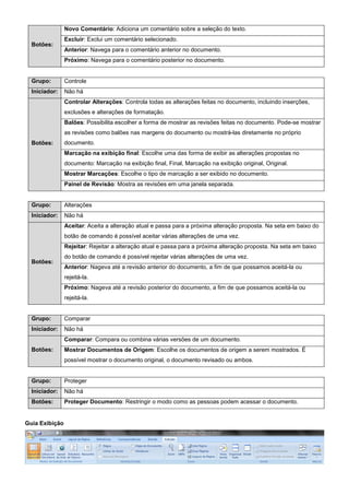 Botões:
Novo Comentário: Adiciona um comentário sobre a seleção do texto.
Excluir: Exclui um comentário selecionado.
Anterior: Navega para o comentário anterior no documento.
Próximo: Navega para o comentário posterior no documento.
Grupo: Controle
Iniciador: Não há
Botões:
Controlar Alterações: Controla todas as alterações feitas no documento, incluindo inserções,
exclusões e alterações de formatação.
Balões: Possibilita escolher a forma de mostrar as revisões feitas no documento. Pode-se mostrar
as revisões como balões nas margens do documento ou mostrá-las diretamente no próprio
documento.
Marcação na exibição final: Escolhe uma das forma de exibir as alterações propostas no
documento: Marcação na exibição final, Final, Marcação na exibição original, Original.
Mostrar Marcações: Escolhe o tipo de marcação a ser exibido no documento.
Painel de Revisão: Mostra as revisões em uma janela separada.
Grupo: Alterações
Iniciador: Não há
Botões:
Aceitar: Aceita a alteração atual e passa para a próxima alteração proposta. Na seta em baixo do
botão de comando é possível aceitar várias alterações de uma vez.
Rejeitar: Rejeitar a alteração atual e passa para a próxima alteração proposta. Na seta em baixo
do botão de comando é possível rejeitar várias alterações de uma vez.
Anterior: Nageva até a revisão anterior do documento, a fim de que possamos aceitá-la ou
rejeitá-la.
Próximo: Nageva até a revisão posterior do documento, a fim de que possamos aceitá-la ou
rejeitá-la.
Grupo: Comparar
Iniciador: Não há
Botões:
Comparar: Compara ou combina várias versões de um documento.
Mostrar Documentos de Origem: Escolhe os documentos de origem a serem mostrados. É
possível mostrar o documento original, o documento revisado ou ambos.
Grupo: Proteger
Iniciador: Não há
Botões: Proteger Documento: Restringir o modo como as pessoas podem acessar o documento.
Guia Exibição
 