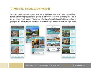 TARGETED EMAIL CAMPAIGNS
Targeted email campaigns may be used to highlight your new listing to qualified
buyers or inform people in our sphere of influence that your property has sold in
record time. Email is one of the most effective channels to marketing your home,
giving us the ability to get it in front of just the right people at just the right time.
PREPARATION • PRESENTATION • PRICING ► PROMOTION • NEGOTIATION
 