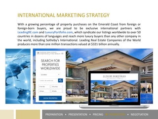 INTERNATIONAL MARKETING STRATEGY
With a growing percentage of property purchases on the Emerald Coast from foreign or
foreign-born buyers, we are proud to be exclusive international partners with
LeadingRE.com and LuxuryPortfolio.com, which syndicate our listings worldwide to over 50
countries in dozens of languages and reach more luxury buyers than any other company in
the world, including Sotheby’s International. Leading Real Estate Companies of the World
produces more than one million transactions valued at $321 billion annually.
PREPARATION • PRESENTATION • PRICING ► PROMOTION • NEGOTIATION
 