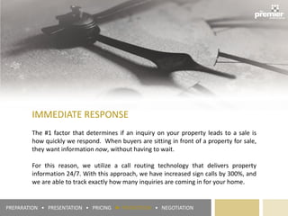 IMMEDIATE RESPONSE
The #1 factor that determines if an inquiry on your property leads to a sale is
how quickly we respond. When buyers are sitting in front of a property for sale,
they want information now, without having to wait.
For this reason, we utilize a call routing technology that delivers property
information 24/7. With this approach, we have increased sign calls by 300%, and
we are able to track exactly how many inquiries are coming in for your home.
PREPARATION • PRESENTATION • PRICING ► PROMOTION • NEGOTIATION
 