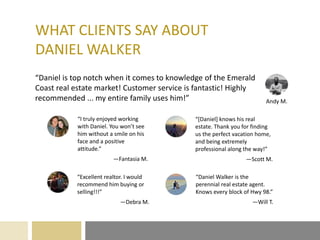 WHAT CLIENTS SAY ABOUT
DANIEL WALKER
“I truly enjoyed working
with Daniel. You won’t see
him without a smile on his
face and a positive
attitude.”
—Fantasia M.
“[Daniel] knows his real
estate. Thank you for finding
us the perfect vacation home,
and being extremely
professional along the way!”
—Scott M.
“Daniel Walker is the
perennial real estate agent.
Knows every block of Hwy 98.”
—Will T.
“Excellent realtor. I would
recommend him buying or
selling!!!”
—Debra M.
“Daniel is top notch when it comes to knowledge of the Emerald
Coast real estate market! Customer service is fantastic! Highly
recommended ... my entire family uses him!” Andy M.
 