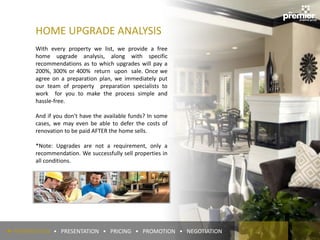 HOME UPGRADE ANALYSIS
With every property we list, we provide a free
home upgrade analysis, along with specific
recommendations as to which upgrades will pay a
200%, 300% or 400% return upon sale. Once we
agree on a preparation plan, we immediately put
our team of property preparation specialists to
work for you to make the process simple and
hassle-free.
And if you don't have the available funds? In some
cases, we may even be able to defer the costs of
renovation to be paid AFTER the home sells.
*Note: Upgrades are not a requirement, only a
recommendation. We successfully sell properties in
all conditions.
► PREPARATION • PRESENTATION • PRICING • PROMOTION • NEGOTIATION
 