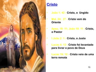 70
Cristo
• João 1: 42 - Cristo, o Ungido
• Mat. 24: 27 - Cristo vem do
Oriente
• Apoc. 19: 11; João 10: 11 - Cristo,
o Pastor
• I João 2: 1 - Cristo, o Justo
• Lucas 4: 13 - Cristo foi levantado
para livrar o povo de Deus
• Lucas 19: 12 - Cristo veio de uma
terra remota
 