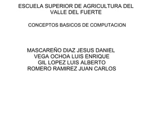 CONCEPTOS BASICOS DE COMPUTACION     MASCAREÑO DIAZ JESUS DANIEL  VEGA OCHOA LUIS ENRIQUE GIL LOPEZ LUIS ALBERTO ROMERO RAMIREZ JUAN CARLOS         ESCUELA SUPERIOR DE AGRICULTURA DEL VALLE DEL FUERTE 