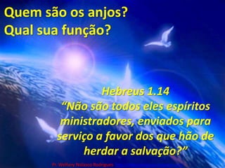Quem são os anjos?Qual sua função?Hebreus 1.14“Não são todos eles espíritos ministradores, enviados para serviço a favor dos que hão de herdar a salvação?”Pr. Welfany NolascoRodrigues  http://esbocopregacao.blogspot.com/