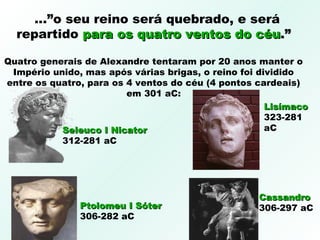 ...”o seu reino será quebrado, e será
repartido para os quatro ventos do céupara os quatro ventos do céu.”.”
Quatro generais de Alexandre tentaram por 20 anos manter o
Império unido, mas após várias brigas, o reino foi dividido
entre os quatro, para os 4 ventos do céu (4 pontos cardeais)
em 301 aC:
Seleuco I NicatorSeleuco I Nicator
312-281 aC
Ptolomeu I SóterPtolomeu I Sóter
306-282 aC
LisímacoLisímaco
323-281
aC
CassandroCassandro
306-297 aC
 