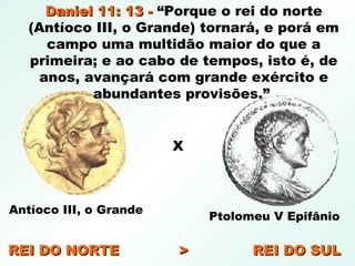 Antíoco III, o Grande
X
Ptolomeu V Epifânio
REI DO NORTE > REI DO SULREI DO NORTE > REI DO SUL
Daniel 11: 13 -Daniel 11: 13 - “Porque o rei do norte
(Antíoco III, o Grande) tornará, e porá em
campo uma multidão maior do que a
primeira; e ao cabo de tempos, isto é, de
anos, avançará com grande exército e
abundantes provisões.”
 