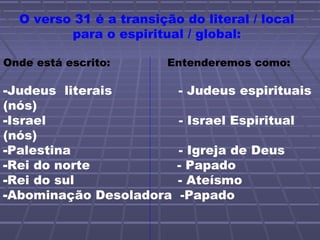 O verso 31 é a transição do literal / local
para o espiritual / global:
Onde está escrito: Entenderemos como:
-Judeus literais - Judeus espirituais
(nós)
-Israel - Israel Espiritual
(nós)
-Palestina - Igreja de Deus
-Rei do norte - Papado
-Rei do sul - Ateísmo
-Abominação Desoladora -Papado
 