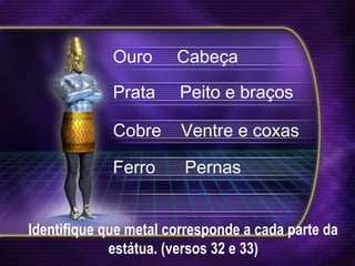 Identifique que metal corresponde a cada parte da
estátua. (versos 32 e 33)
Ouro Cabeça
Prata Peito e braços
Cobre Ventre e coxas
Ferro Pernas
 
