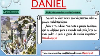DANIEL
A grande árvore Lição não aprendida, castigo imposto
Tudo isso veio sobreo rei Nabucodonosor. Daniel 4:28
Ao cabo de doze meses, quando passeava sobre o
palácio real de Babilônia,
falou o rei, e disse: Não é esta a grande Babilônia
que eu edifiquei para a morada real, pela força do
meu poder, e para a glória da minha majestade?
Daniel 4:29-30
 