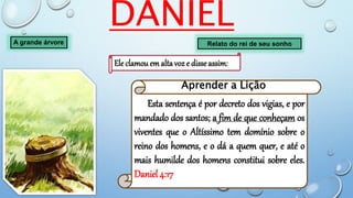 DANIEL
A grande árvore Relato do rei de seu sonho
Ele clamouem alta voz e disseassim:
Esta sentença é por decreto dos vigias, e por
mandado dos santos; a fim de que conheçam os
viventes que o Altíssimo tem domínio sobre o
reino dos homens, e o dá a quem quer, e até o
mais humilde dos homens constitui sobre eles.
Daniel 4:17
Aprender a Lição
 