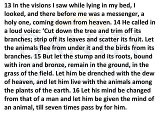 13 In the visions I saw while lying in my bed, I
looked, and there before me was a messenger, a
holy one, coming down from heaven. 14 He called in
a loud voice: ‘Cut down the tree and trim off its
branches; strip off its leaves and scatter its fruit. Let
the animals flee from under it and the birds from its
branches. 15 But let the stump and its roots, bound
with iron and bronze, remain in the ground, in the
grass of the field. Let him be drenched with the dew
of heaven, and let him live with the animals among
the plants of the earth. 16 Let his mind be changed
from that of a man and let him be given the mind of
an animal, till seven times pass by for him.
 