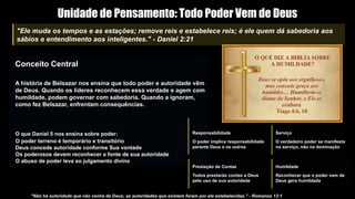 Unidade de Pensamento: Todo Poder Vem de Deus
"Ele muda os tempos e as estações; remove reis e estabelece reis; é ele quem dá sabedoria aos
sábios e entendimento aos inteligentes." - Daniel 2:21
Conceito Central
A história de Belsazar nos ensina que todo poder e autoridade vêm
de Deus. Quando os líderes reconhecem essa verdade e agem com
humildade, podem governar com sabedoria. Quando a ignoram,
como fez Belsazar, enfrentam consequências.
O que Daniel 5 nos ensina sobre poder:
O poder terreno é temporário e transitório
Deus concede autoridade conforme Sua vontade
Os poderosos devem reconhecer a fonte de sua autoridade
O abuso de poder leva ao julgamento divino
Responsabilidade
O poder implica responsabilidade
perante Deus e os outros
Serviço
O verdadeiro poder se manifesta
no serviço, não na dominação
Prestação de Contas
Todos prestarão contas a Deus
pelo uso de sua autoridade
Humildade
Reconhecer que o poder vem de
Deus gera humildade
"Não há autoridade que não venha de Deus; as autoridades que existem foram por ele estabelecidas." - Romanos 13:1
 