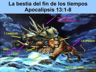 La bestia del fin de los tiempos Apocalipsis 13:1-8 7 CABEZAS 10 CUERNOS CON CORONAS LEOPARDO OSO LEON SALE DEL MAR 